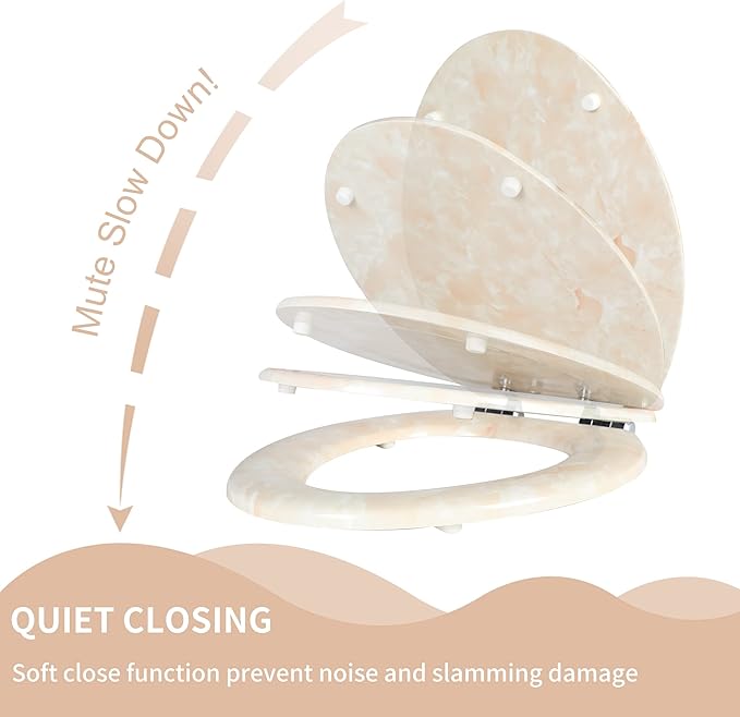 Angel Shield Marble Toilet Seat Durable Molded Wood with Quiet Close, Easy Clean, Quick-Release Hinges (Round, Beige Marble)