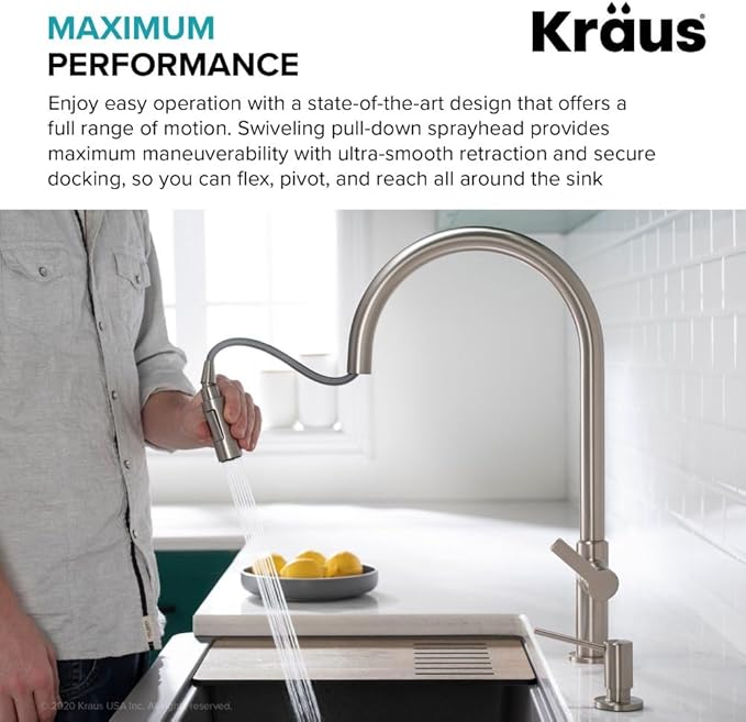 KRAUS Oletto High-Arc Tall Single Handle Pull-Down Kitchen Faucet in Spot Free Stainless Steel, Height 20 3/8 inch, KPF-2821SFS