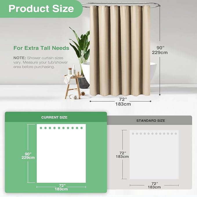 Extra Long Waffle Shower Curtain 256 GSM Fabric 72x90 Beige/Khaki | 90 Inch Tall, Thick Cloth, Weighted Hem, Water Repellent, Hotel Luxury Polyester Shower Curtain Set for Bathroom 12 Hooks