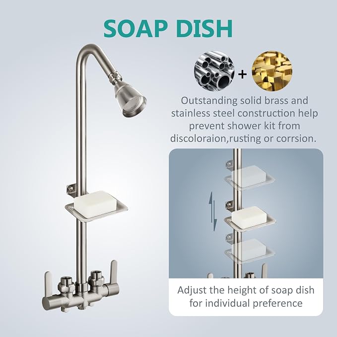 Aolemi Outdoor Shower Kit, Upward-Facing Inlets, Brushed Nickel | 3-Inch Center Hot And Cold Mixer Valve, Dual Handles, with Soap Dish For Convenient Outdoor Shower Use