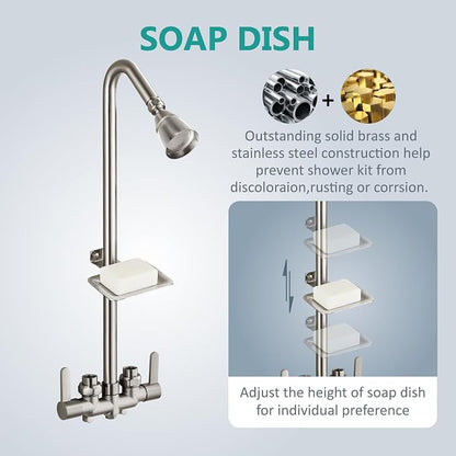 Aolemi Outdoor Shower Kit, Upward-Facing Inlets, Brushed Nickel | 3-Inch Center Hot And Cold Mixer Valve, Dual Handles, with Soap Dish For Convenient Outdoor Shower Use