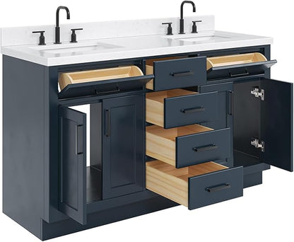ARIEL Hepburn 60-inch Bathroom Vanity with Sink,Solid Wood, 1.5-inch Carrara White Quartz Countertop, Double Rectangular Porcelain Sink, 4 Soft Closing Doors, 6 Dovetail Drawers, Midnight Blue