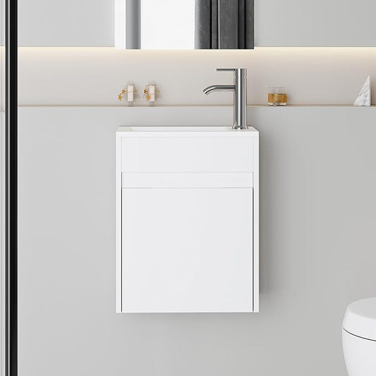 eclife 16" Small Bathroom Vanity Sink Combo, Modern Painted Wall Mounted Floating Cabinet W/Resin Basin Sink Top, Chrome Water Save Faucet & Pop Up Drain (White)