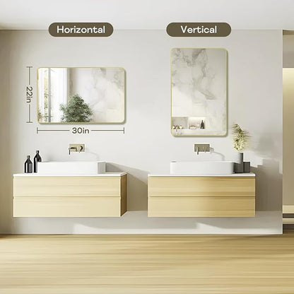 Gold Framed Bathroom Mirror, Brushed Gold Bathroom Vanity Wall Mirror, Rounded Rectangle Gold Frame Mirror, Tempered Glass, Anti-Rust, Hangs Horizontally or Vertically (22" x 30", Gold)