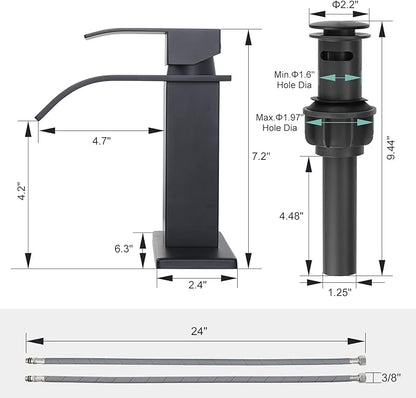 ARCORA Waterfall Bathroom Faucet Matte Black Faucet for Bathroom Sink Single Handle Mixer Tap Lavatory Vanity Faucet with Deck Plate and Pop Up Drain, 1 or 3 Hole