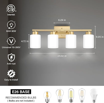 Gold Bathroom Light Fixtures, 4-Light Modern Vanity Light Over Mirror, Wall Sconces with Milky White Frosted Glass Shades, E26 Socket (Bulbs Not Included)
