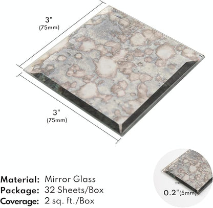 Peel and Stick 3 Inch Antique Mirror Backsplash, Square Tile for Kitchen Bathroom (32 Sheets, 2 SQ.FT.)