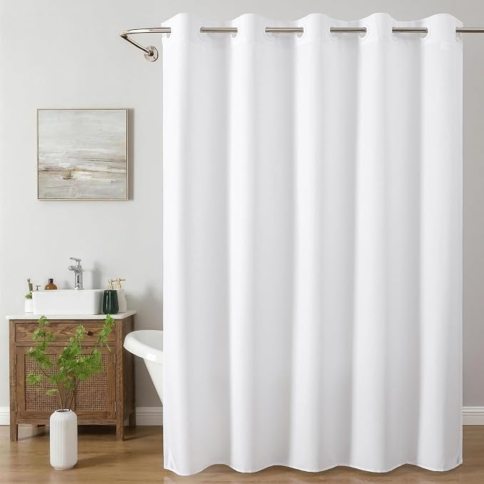 Extra Long No Hooks & No Liner Needed Fabric Shower Curtain,71"Wx86"L,White | Linen Texture,100% Waterproof TPU Laminated Layer,Bottom Magnets,Machine Washable,Hotel Style Bathroom Curtain For Shower,Tub
