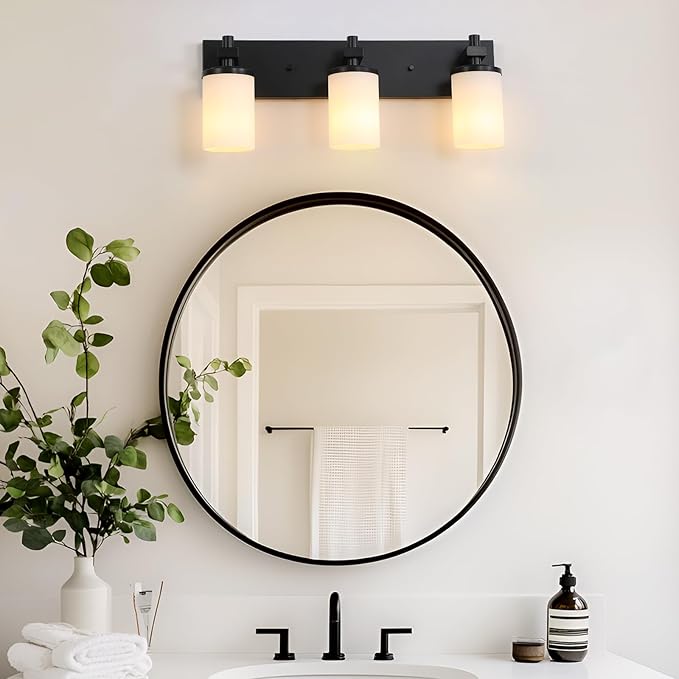 LOUSACE 3 Light Bathroom Vanity Lights Matte Black Bathroom Lighting Fixtures Over Mirror with Opal White Glass Shades, Wall Fixture Vanity Lighting