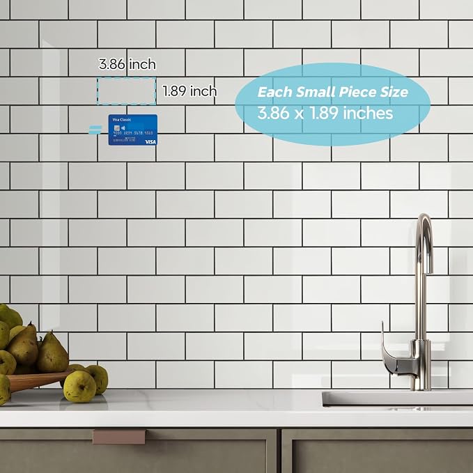 STICKGOO Peel and Stick Backsplash on Subway Tile, Polished White | 10 Sheets Aluminium Composite Self Adhesive Tiles, Faux Ceramic Look, Waterproof, Stick on Tiles for Vanities, Kitchen