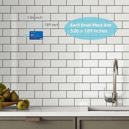 STICKGOO Peel and Stick Backsplash on Subway Tile, Polished White | 10 Sheets Aluminium Composite Self Adhesive Tiles, Faux Ceramic Look, Waterproof, Stick on Tiles for Vanities, Kitchen