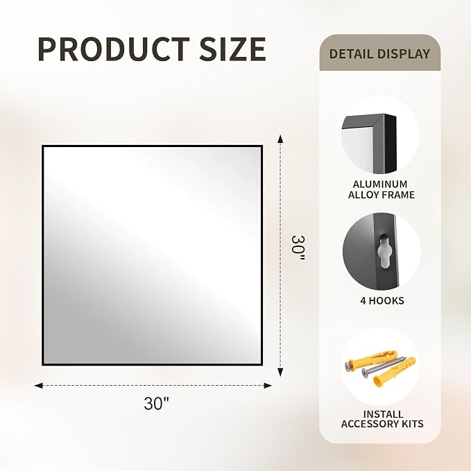 FICTOR Bathroom Vanity Mirror for Over Sink, 30" x 30", Black | Anti-Rust Frame, Shatterproof Tempered Glass, Vertical/Horizontal Wall Mounted Mirror for Bedroom, Entryway, Living Room