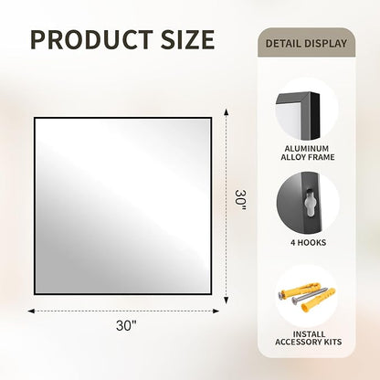 FICTOR Bathroom Vanity Mirror for Over Sink, 30" x 30", Black | Anti-Rust Frame, Shatterproof Tempered Glass, Vertical/Horizontal Wall Mounted Mirror for Bedroom, Entryway, Living Room
