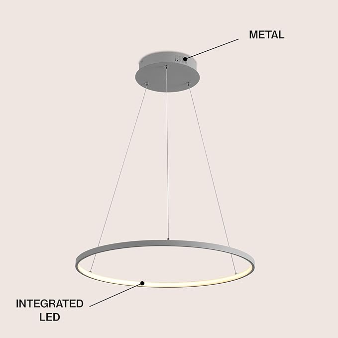 JONATHAN Y 23.75" Gray Modern Integrated LED Pendant Light, Dimmable Round Hoop Chandelier for Kitchen Island, Dining Room, Adjustable Height Metal Hanging Light (JYL7203E)