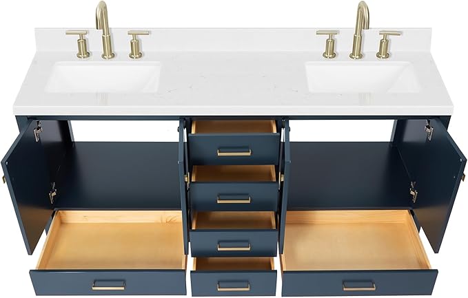 DKB Beckford 72 Inch Bathroom Vanity Double Sink — Midnight Blue Bathroom Vanity with Sink, 1.5" Edge Carrara White Quartz Countertop & Backsplash, 4 Soft-Close Doors, 6 Dovetail Drawers