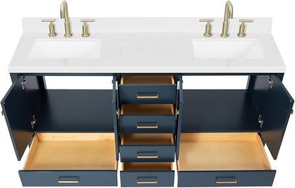 DKB Beckford 72 Inch Bathroom Vanity Double Sink — Midnight Blue Bathroom Vanity with Sink, 1.5" Edge Carrara White Quartz Countertop & Backsplash, 4 Soft-Close Doors, 6 Dovetail Drawers