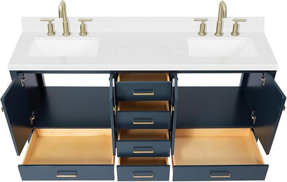 ARIEL Cambridge 72-inch Bathroom Vanity with Sink,Solid Wood, 1.5-inch Carrara White Quartz Countertop, Double Rectangular Porcelain Sink, 4 Soft Closing Doors, 6 Dovetail Drawers, Midnight Blue