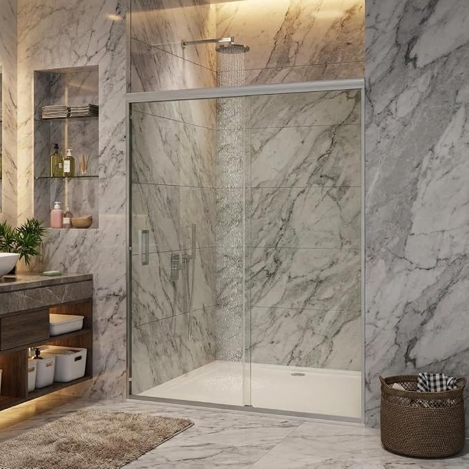 Framed Sliding Shower Door, 44-48 Inches Wide x 72 Inches High, Aluminum Frame with Brushed Nickel Finish, 6mm Tempered Glass with Easy Clean Coating, Wet Dry Separation Design