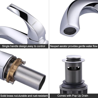 WOWOW Single Handle Bathroom Faucet 1 Hole High Arc Bathroom Basin Faucet Chrome with Pop Up Drain, Solid Brass Commercial Bathroom Sink Faucet Basin Vanity Sink (Patented Product)