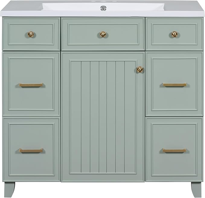 LUMISOL 36" Bathroom Vanity with Ceramic Sink, Modern Bathroom Vanity with 3 Drawers & Soft Close Doors, Solid Wood Bathroom Sink Cabinet with Undermount Basin, Gold Handles (Green)