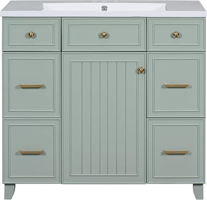 LUMISOL 36" Bathroom Vanity with Ceramic Sink, Modern Bathroom Vanity with 3 Drawers & Soft Close Doors, Solid Wood Bathroom Sink Cabinet with Undermount Basin, Gold Handles (Green)