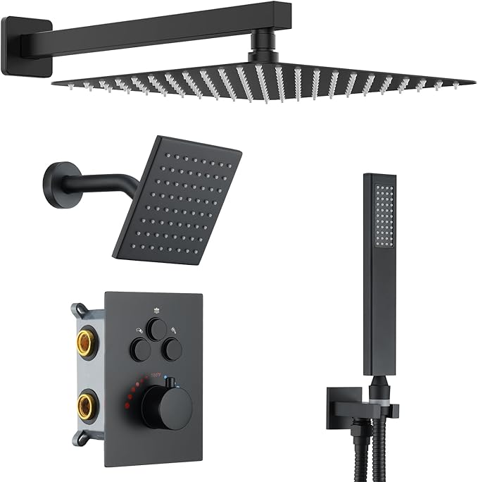 Thermostatic Dual Shower System with Wall Mount 12-Inch Rainfall Shower & 6-Inch Shower Head, Matte Black Bathroom Dual Shower Heads Faucet Set with High Pressure Handheld Sprayer