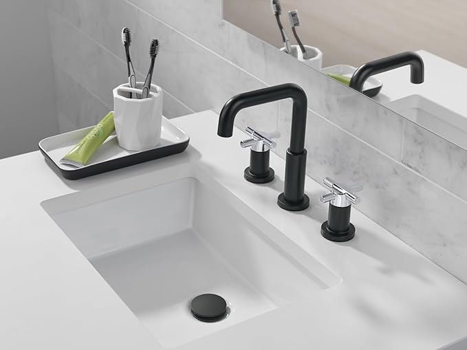 Delta Nicoli Matte Black/Chrome Bathroom Faucet 3 Hole, 8 Inch Widespread Bathroom Sink Faucet for Vanity, Push-Pop Drain Assembly, Matte Black/Chrome 35894LF-CS