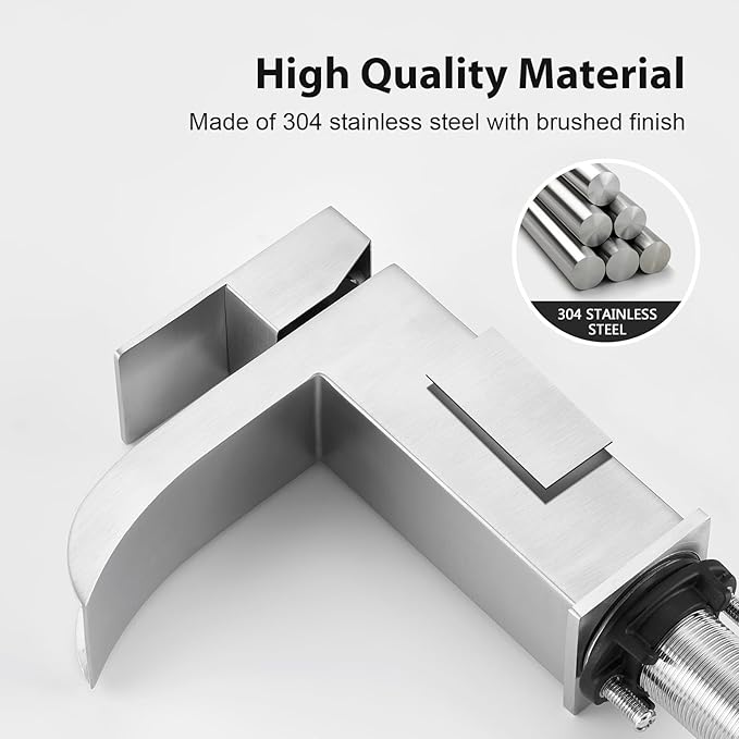 Faustina Brushed Nickel Waterfall Bathroom Faucet, Single Handle Wide Spout Stainless Steel Vanity Sink Faucet with Pop Up Drain & Deck Plate for 1 or 3 Hole