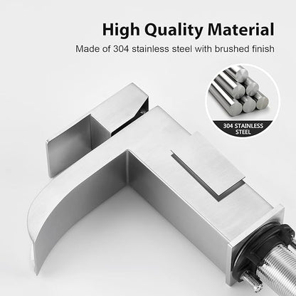Faustina Brushed Nickel Waterfall Bathroom Faucet, Single Handle Wide Spout Stainless Steel Vanity Sink Faucet with Pop Up Drain & Deck Plate for 1 or 3 Hole