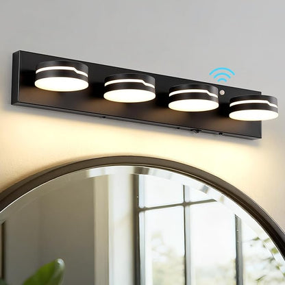 26In Motion Sensor Vanity Light, Matte Black 3CCT 4-Light Modern LED Bathroom Lighting Fixtures Over Mirror, Dimmable Rotatable Head Wall Sconce, 3000K-6000K Color Selectable