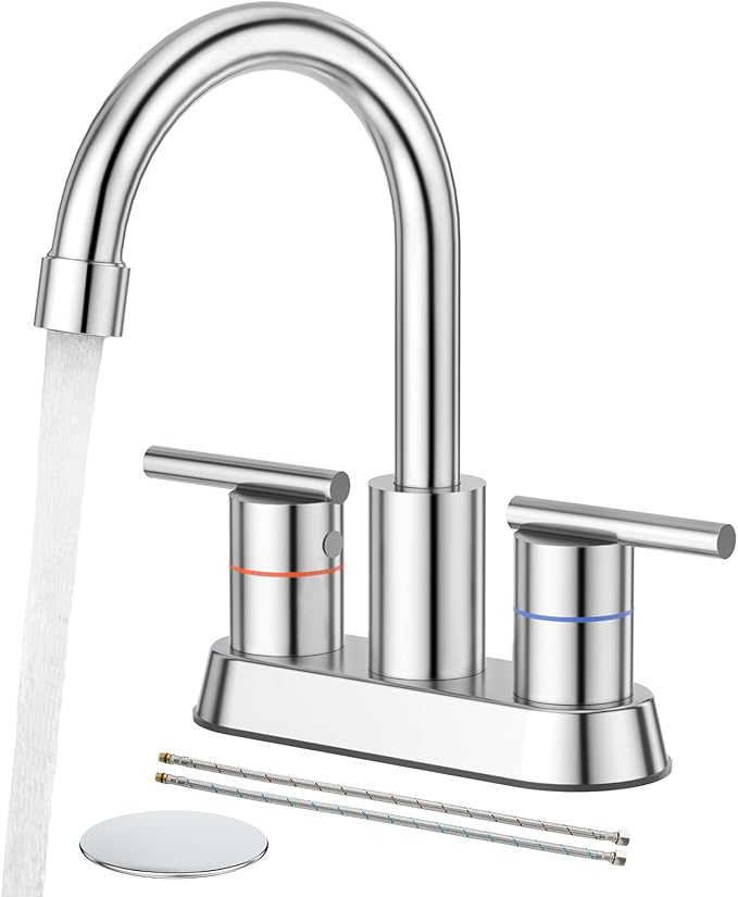 Faustina Polished Chrome Bathroom Faucet, 4 Inch Centerset Bathroom Faucet for Sink 2 Holes 3 Holes，Two Handles 304 Stainless Steel Faucet with Pup up Drain and 2 Water Supply Lines for RV Vanity