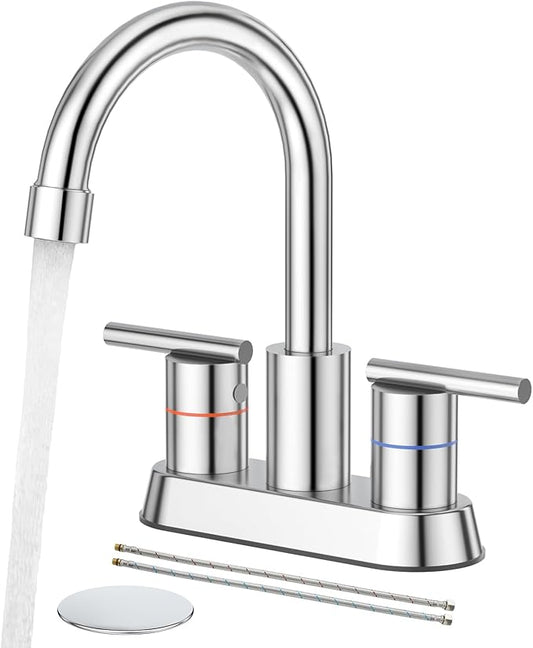 Faustina Polished Chrome Bathroom Faucet, 4 Inch Centerset Bathroom Faucet for Sink 2 Holes 3 Holes，Two Handles 304 Stainless Steel Faucet with Pup up Drain and 2 Water Supply Lines for RV Vanity