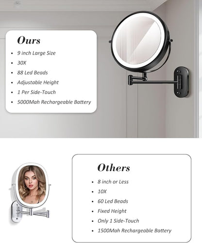 9'' 30X/1X Wall Mounted Height Adjustable Lighted Magnifying Makeup Mirror | 5000mAh Rechargeable Bathroom Mirror with 3 Color Modes Light, Extended Arm Space Saving for Apartment, Hotel, Rental House