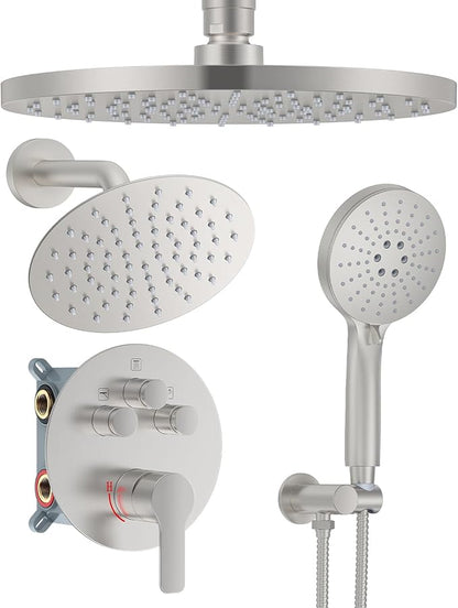 Shower System with Pressure Balance Valve, 10" Ceiling Mount Shower Faucet Set with 2 Rain Head and Multi-function Handheld Push Button Diverter Valve Kit,Brushed Nickel