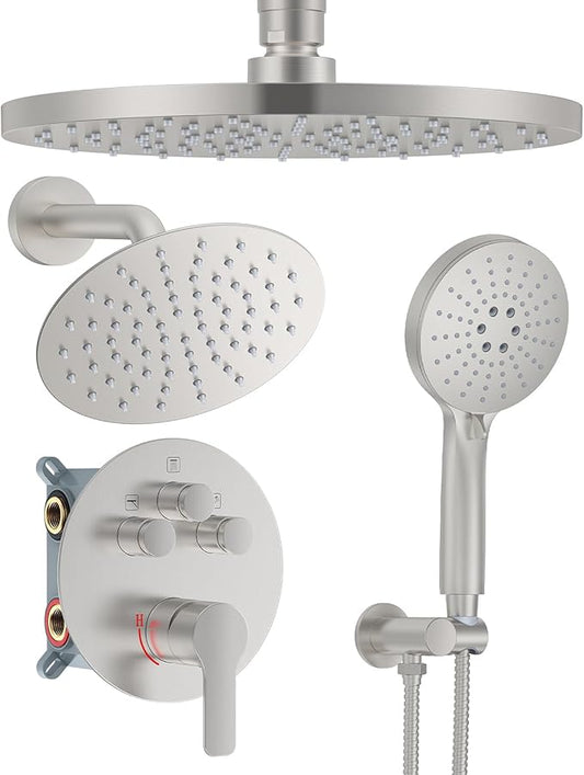 Shower System with Pressure Balance Valve, 10" Ceiling Mount Shower Faucet Set with 2 Rain Head and Multi-function Handheld Push Button Diverter Valve Kit,Brushed Nickel