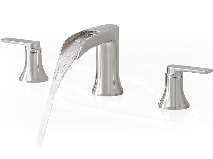 Brushed Nickel Waterfall Bathroom Faucet 3 Hole, 8-16 Inch Widespread 2 Handle Faucets for Bathroom Sinks Vanity Lavatory Sanitary Modern Restroom, Brass Material, NO Pop-up Drain