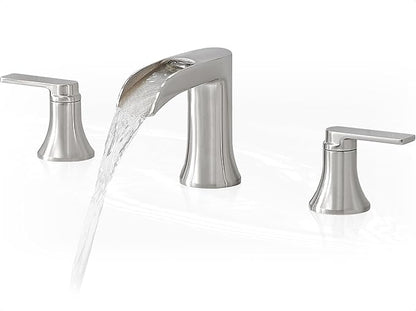 Brushed Nickel Waterfall Bathroom Faucet 3 Hole, 8-16 Inch Widespread 2 Handle Faucets for Bathroom Sinks Vanity Lavatory Sanitary Modern Restroom, Brass Material, NO Pop-up Drain