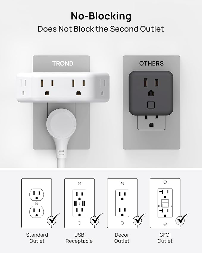 TROND Outlet Extender with 360 Rotating Plug, Outlet Splitter with 4 Grounded Sockets, 3 Way Angled Plug Adapter, 900J Surge Protection, Electrical Wall Expander for Bathroom Kitchen Office, White