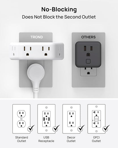 TROND Outlet Extender with 360 Rotating Plug, Outlet Splitter with 4 Grounded Sockets, 3 Way Angled Plug Adapter, 900J Surge Protection, Electrical Wall Expander for Bathroom Kitchen Office, White
