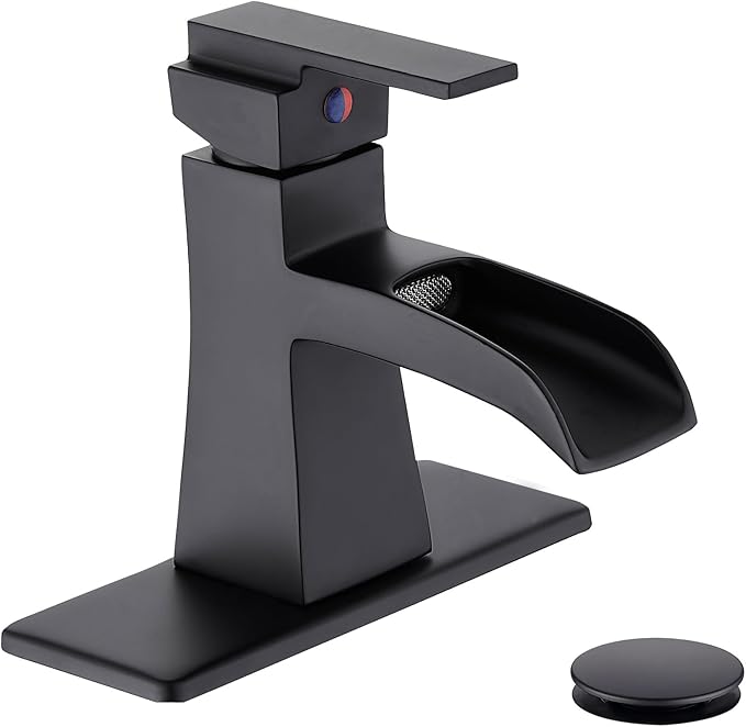 Black Waterfall Bathroom Faucet, One-Handle Bathroom Faucets for Sink 1 or 3 Hole, Matte Black Vanity Faucet, Single Hole Restroom Sink Faucet with Pop Up Drain