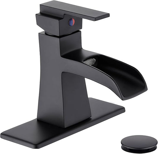 Black Waterfall Bathroom Faucet, One-Handle Bathroom Faucets for Sink 1 or 3 Hole, Matte Black Vanity Faucet, Single Hole Restroom Sink Faucet with Pop Up Drain