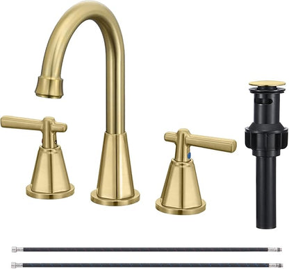 Damomo Bathroom Sink Faucet, Brushed Gold 8 Inch Widespread Bathroom Faucet for Sink 3 Hole, 2 Handle Faucet with Pop Up Drain and 2 Supply Hoses for RV Vanity