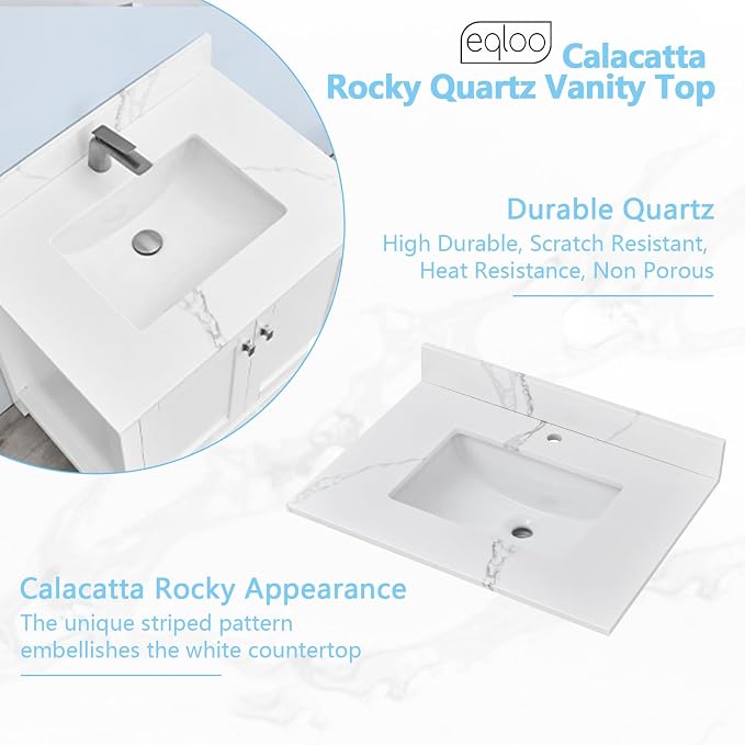 30 in. W x 22 in D Quartz Vanity Top in Calacatta Rocky, Vanity Sink Top with Assembled Single Drop-in Sink, Pre-Drilled Single Faucet Hole Countertop with 4" H Backsplash