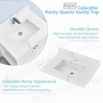 30 in. W x 22 in D Quartz Vanity Top in Calacatta Rocky, Vanity Sink Top with Assembled Single Drop-in Sink, Pre-Drilled Single Faucet Hole Countertop with 4" H Backsplash
