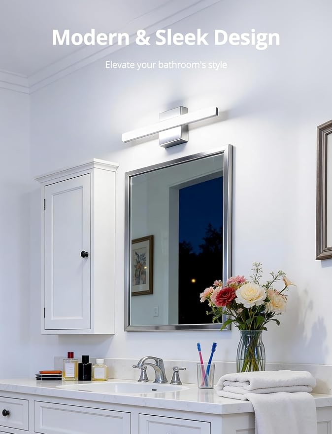Modern Bathroom Light Fixtures Over Mirror, Vanity Wall Lamp Chrome | Small 16 Inch, Gentle Shadow Free, Linear Sconce Bar, for Makeup, Minimalist, IP44 Rustproof, 6000K Cool White, 2 Pack