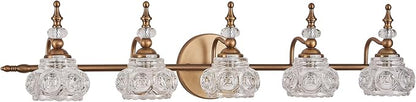 Brass 5-Light Bathroom Vanity Light, Vintage Bathroom Lighting Fixtures with Thick Crystal Glass Shade, Living Room