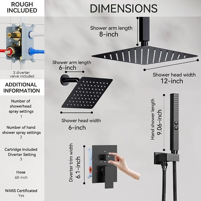 Shower System Shower Faucet Set, STARBATH 12"+6" Ceiling Mount Rain Shower Head and Handheld Spray for Two Person, Rainfall Shower System with Diverter Valve and Trim Kit Complete,Matte Black