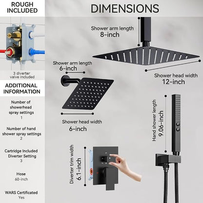 Shower System Shower Faucet Set, STARBATH 12"+6" Ceiling Mount Rain Shower Head and Handheld Spray for Two Person, Rainfall Shower System with Diverter Valve and Trim Kit Complete,Matte Black