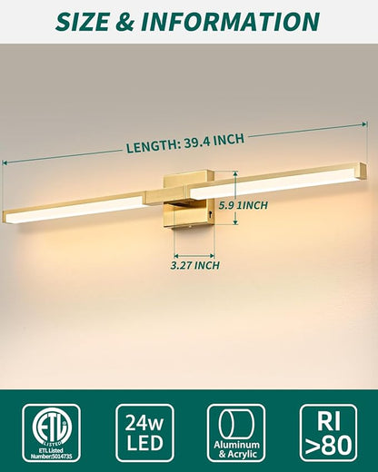 OKELI 40 Inch Bathroom Vanity Light Fixtures, Gold Modern Light Fixtures Over Mirror, 24W 5CCT Dimmable Wall Light