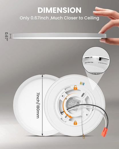 7 Inch LED Ceiling Light, Dimmable 2700K/3000K/3500K/4000K/5000K Selectable, Ultra Slim 0.67 Inch Round Flat Ceiling Lamps for Bathroom Basement, 7 Inch 4Pack Silver